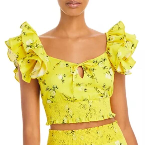 Alice + Olivia Shanae Ruffle Sleeve Tie Top in Escape Ditsy Sunbeam Size L - Picture 2 of 8